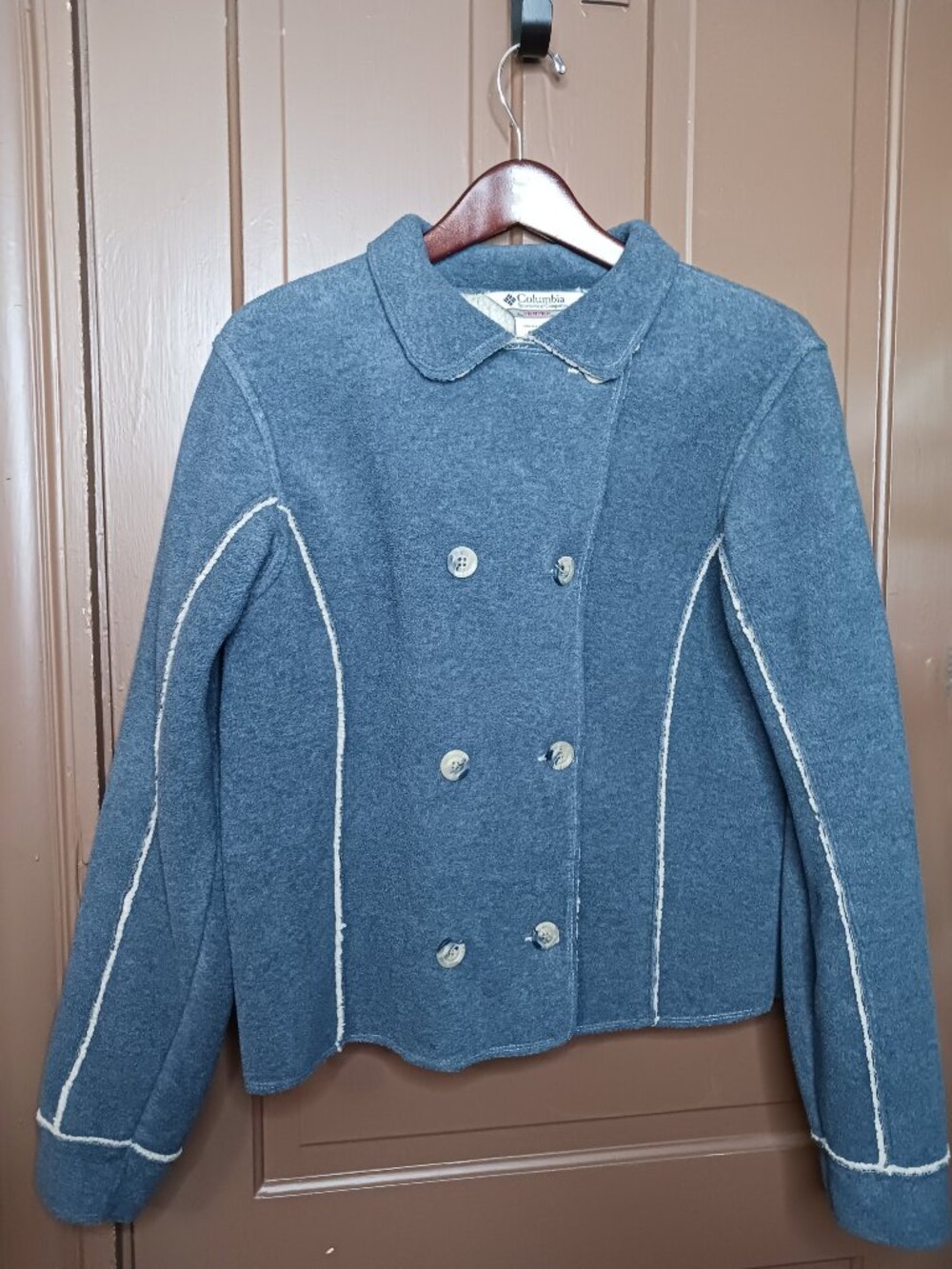 Columbia Jacket Women's size L Blue Sherpa Lined Fleece Double Breasted Peacoat